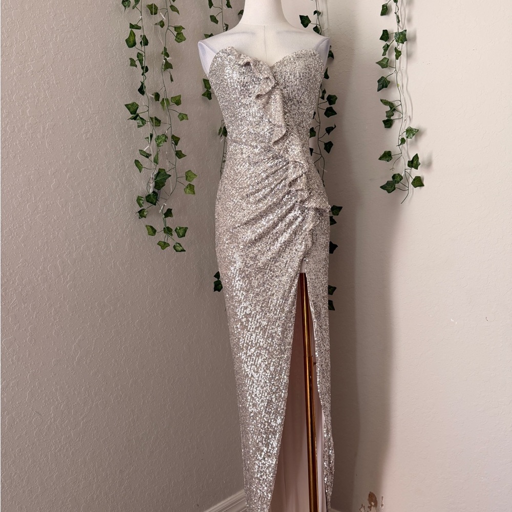 Nookie Silver Sequin Dress with Ruffle Detail